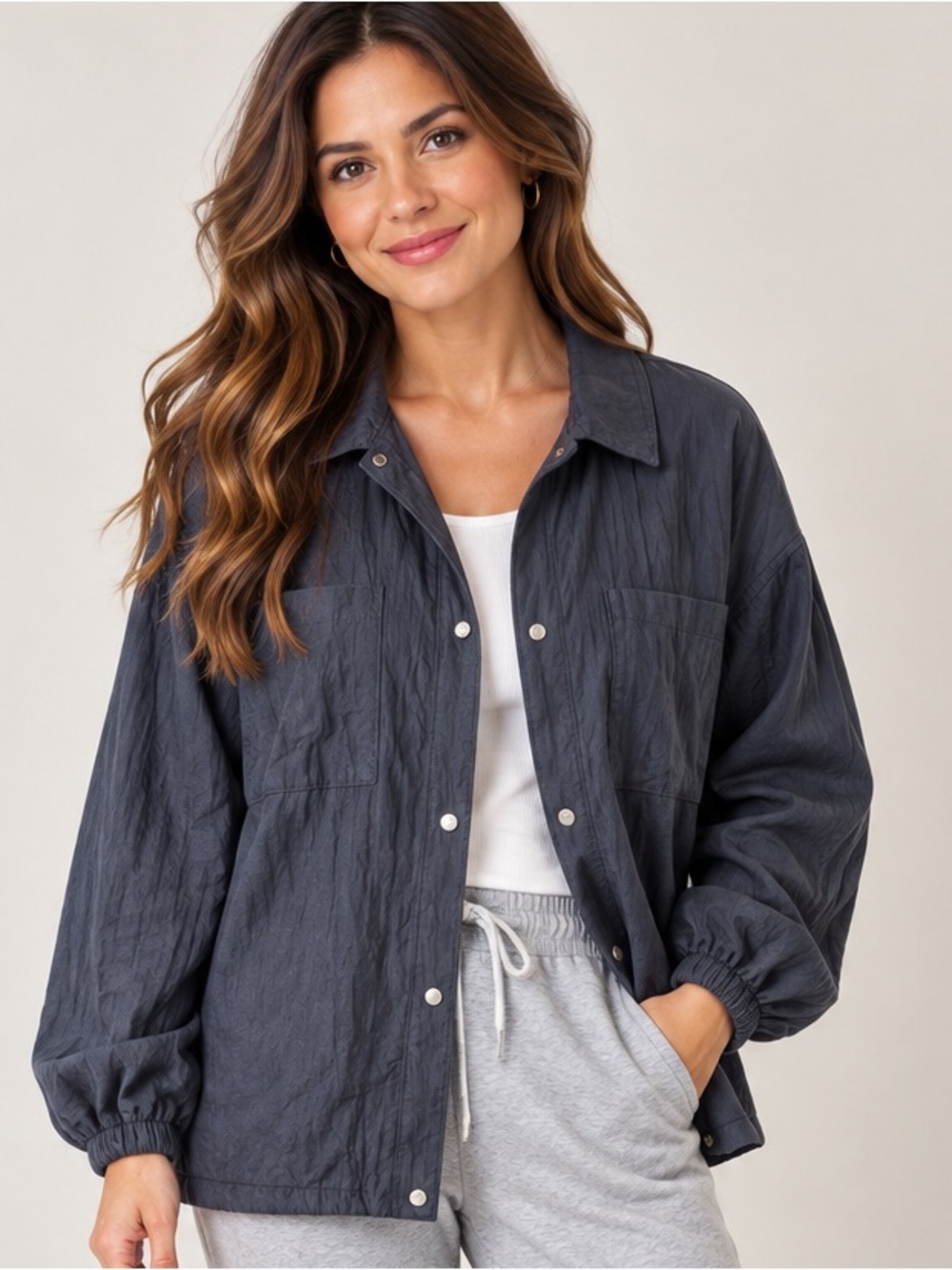 Athleta Lunar Sheen Shirt Jacket Oversized Nylon Snap Front Bungee Hem Size M